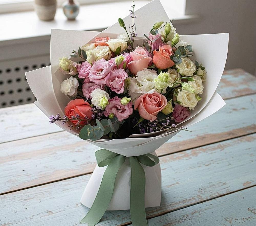 Букет цветов из: Розы, Лизиантусы и Гвоздики в Скоропусковском