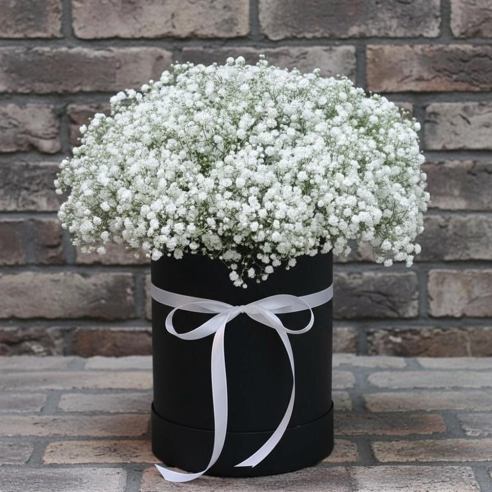 Цветочная композиция из Гипсофила в шляпной коробке в Скоропусковском