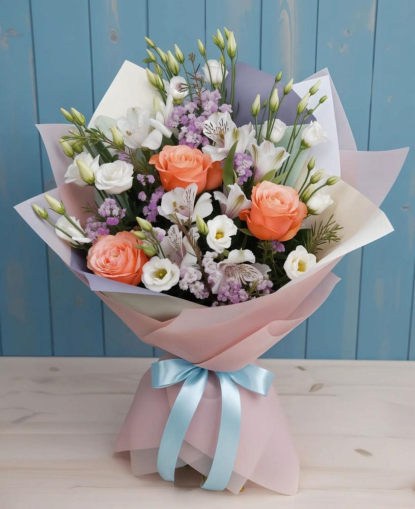 Букет цветов из: Лизиантусы, Розы, Альстромерии и Гипсофила в Скоропусковском