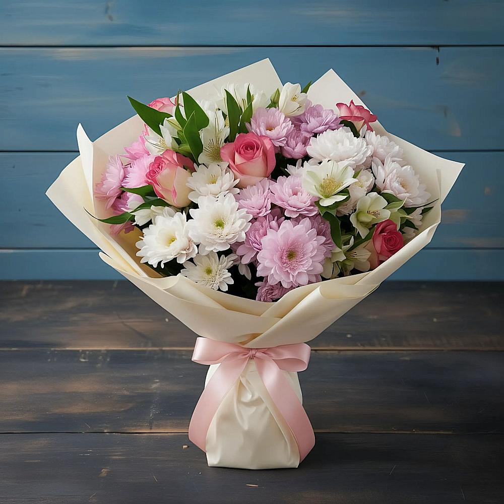 Букет цветов из: Хризантемы, Альстромерии и Розы в Скоропусковском